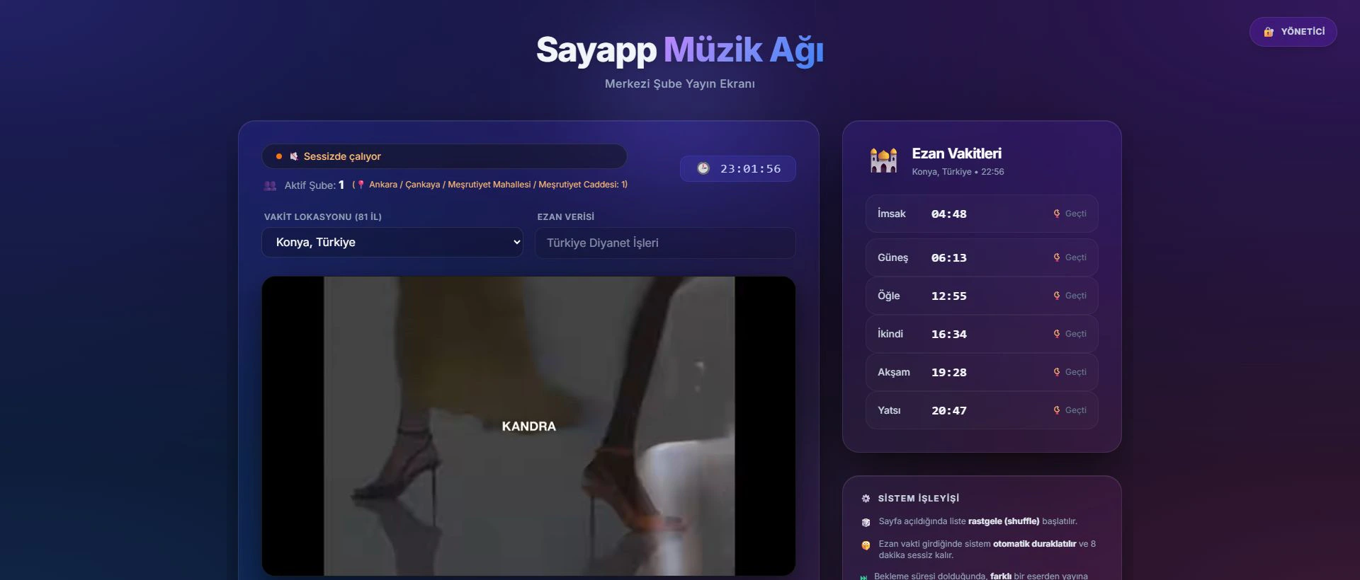 SAYAPP central in-store music broadcast interface with playback status and prayer-time automation.
