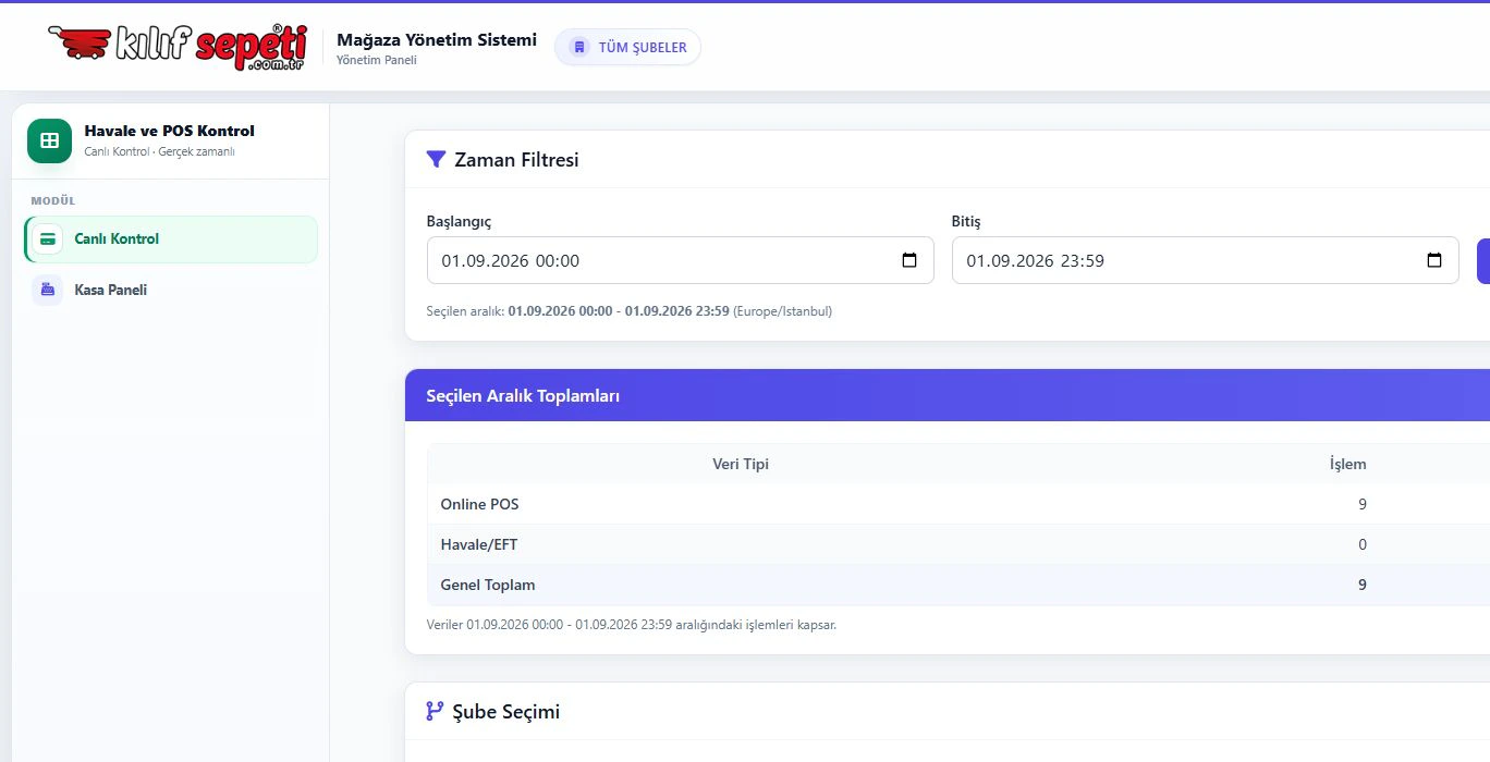 Transfer and online point-of-sale control module with a time range filter and transaction totals.