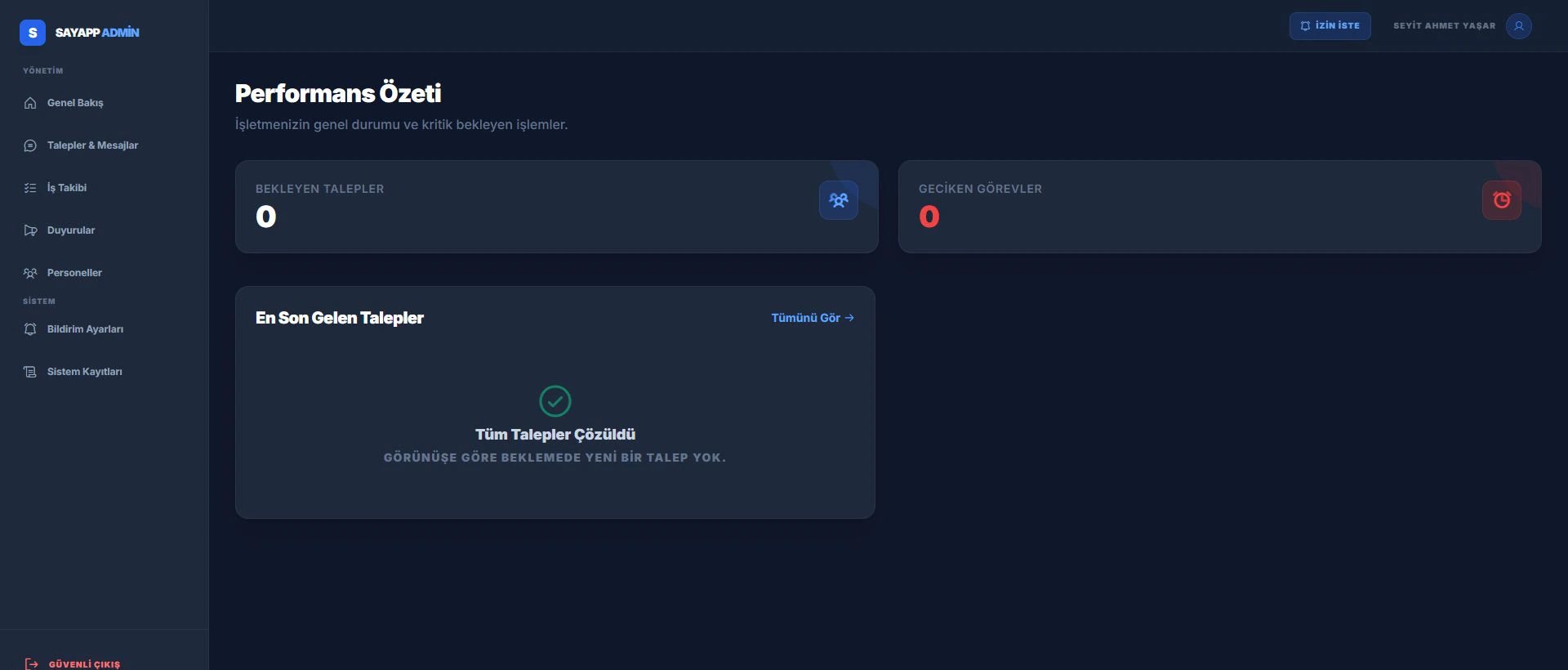 SAYAPP admin overview with pending requests, overdue tasks and the latest request status.